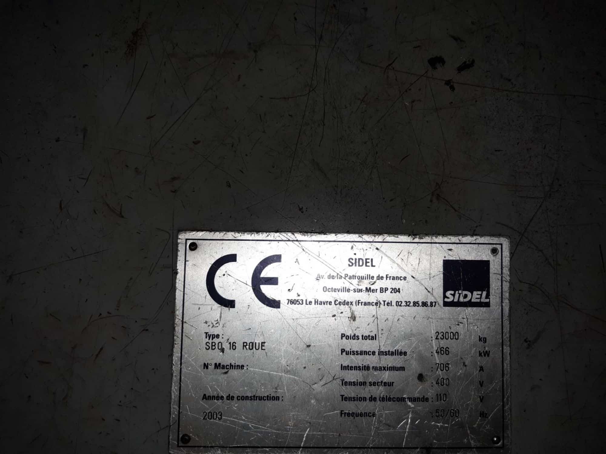 Plaque signalétique of SIDEL SBO 16 series 2